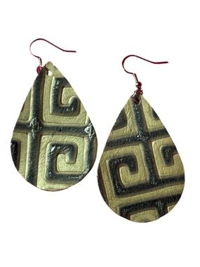 Greek Key Leather Teardrop Earrings